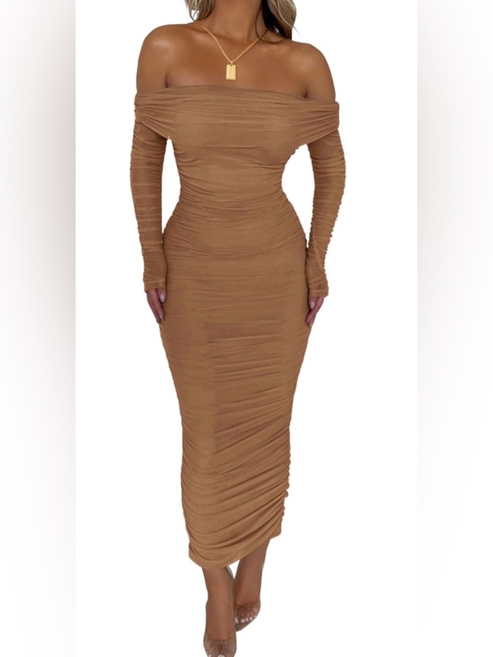 Off-Shoulder Ruched Midi Dress in Tan